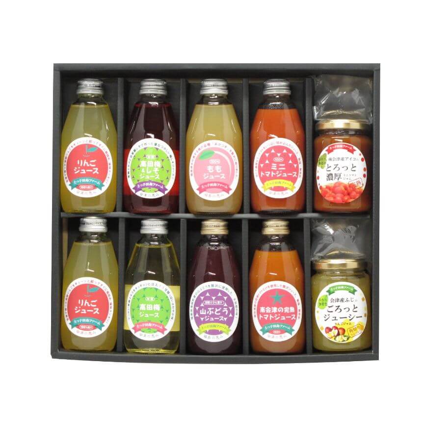 【欠品】会津・ふくしまの恵みジュース・ジャムギフト200ml×おまかせ8本と手作りジャム2本入り
